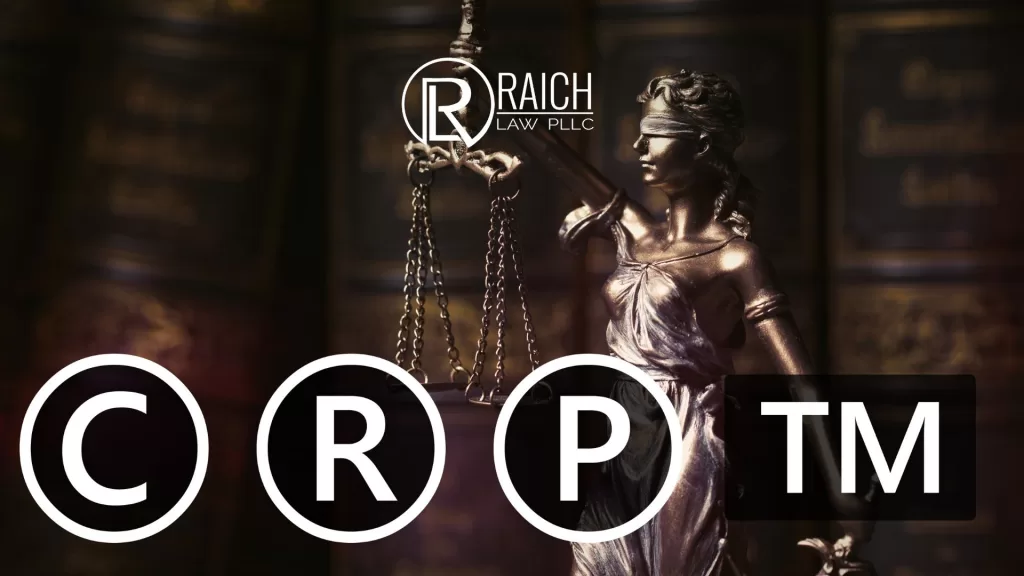 Raich Law PLLC graphic: Lady Justice statue with the copyright, registered, sound recording copyright and trademark symbols