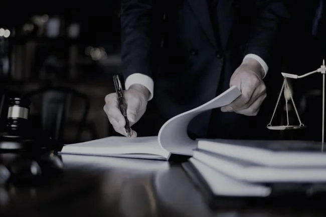Lawyer signing papers at a desk beside scales of justice